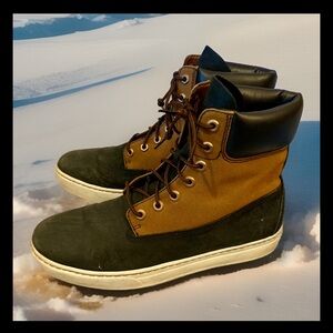 Men’s Timberland Earthkeepers black leather/brown canvas high top sneakers Sz 9M